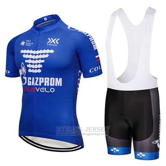 2018 Cycling Jersey Gazprom Rusvelo Blue and White Short Sleeve and Bib Short
